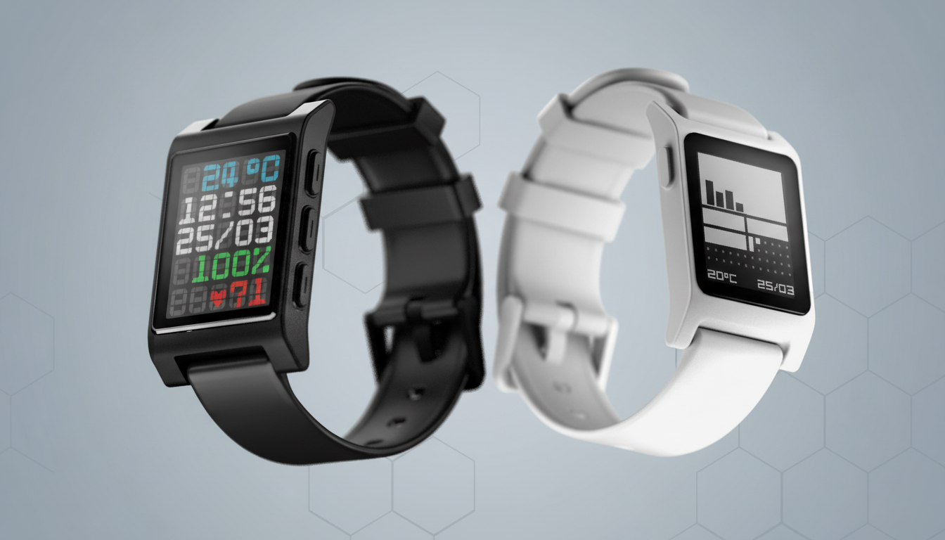 A black smartwatch and a white smartwatch are displayed side-by-side on a professional flat design background with soft hexagonal patterns.