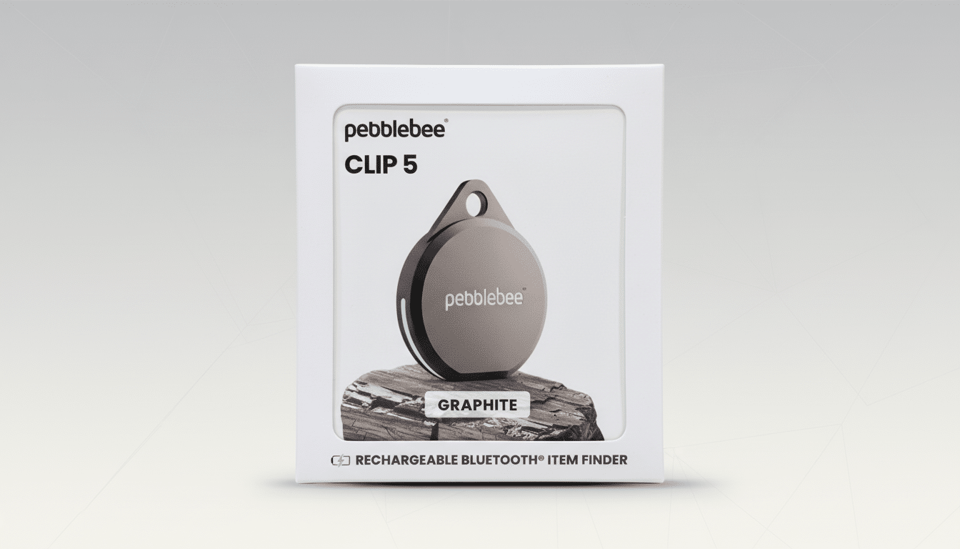 A 16:9 aspect ratio image of a Pebblebee Clip 5 Graphite item finder in its original packaging, set against a professional flat design background with a soft gradient.