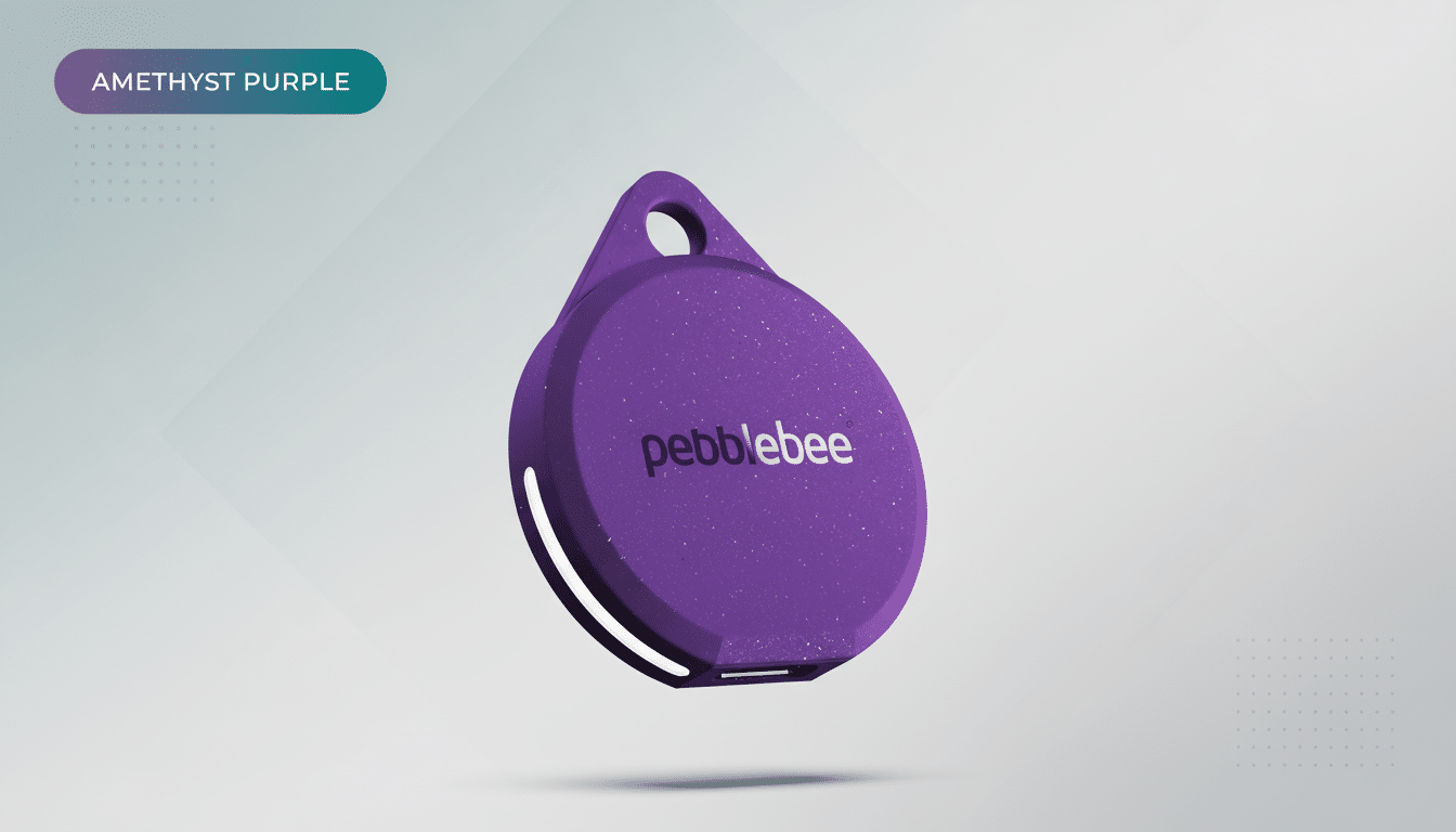 A purple Pebblebee item tracker with pebblebee written on it, presented on a professional flat design background with soft patterns and gradients, resized to a 16:9 aspect ratio.