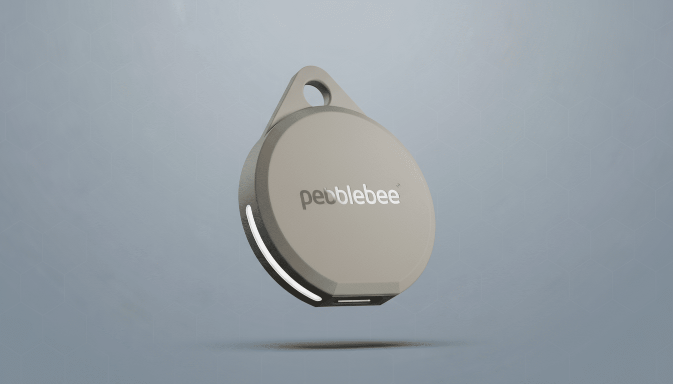 A 16:9 aspect ratio image of a gray Pebblebee item tracker with a professional flat design background featuring soft hexagonal patterns.