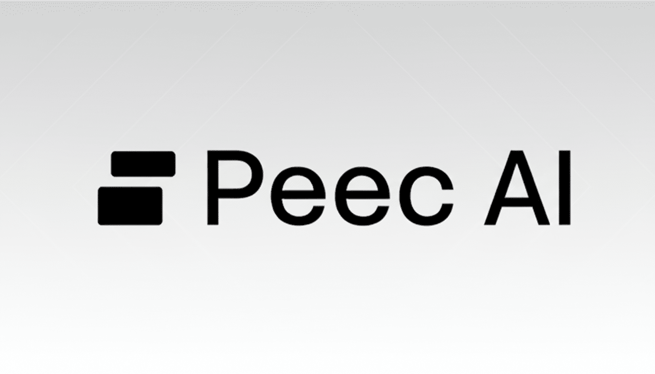 The Peec AI logo, featuring a black icon resembling two stacked rectangles next to the text Peec AI in a clean, sans-serif font, all presented on a professional light gray background with a subtle gradient and soft geometric patterns.