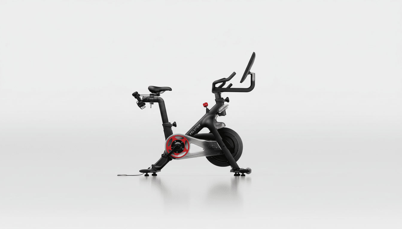 A black Peloton exercise bike with red accents, presented on a clean, light gray background, resized to a 16:9 aspect ratio.
