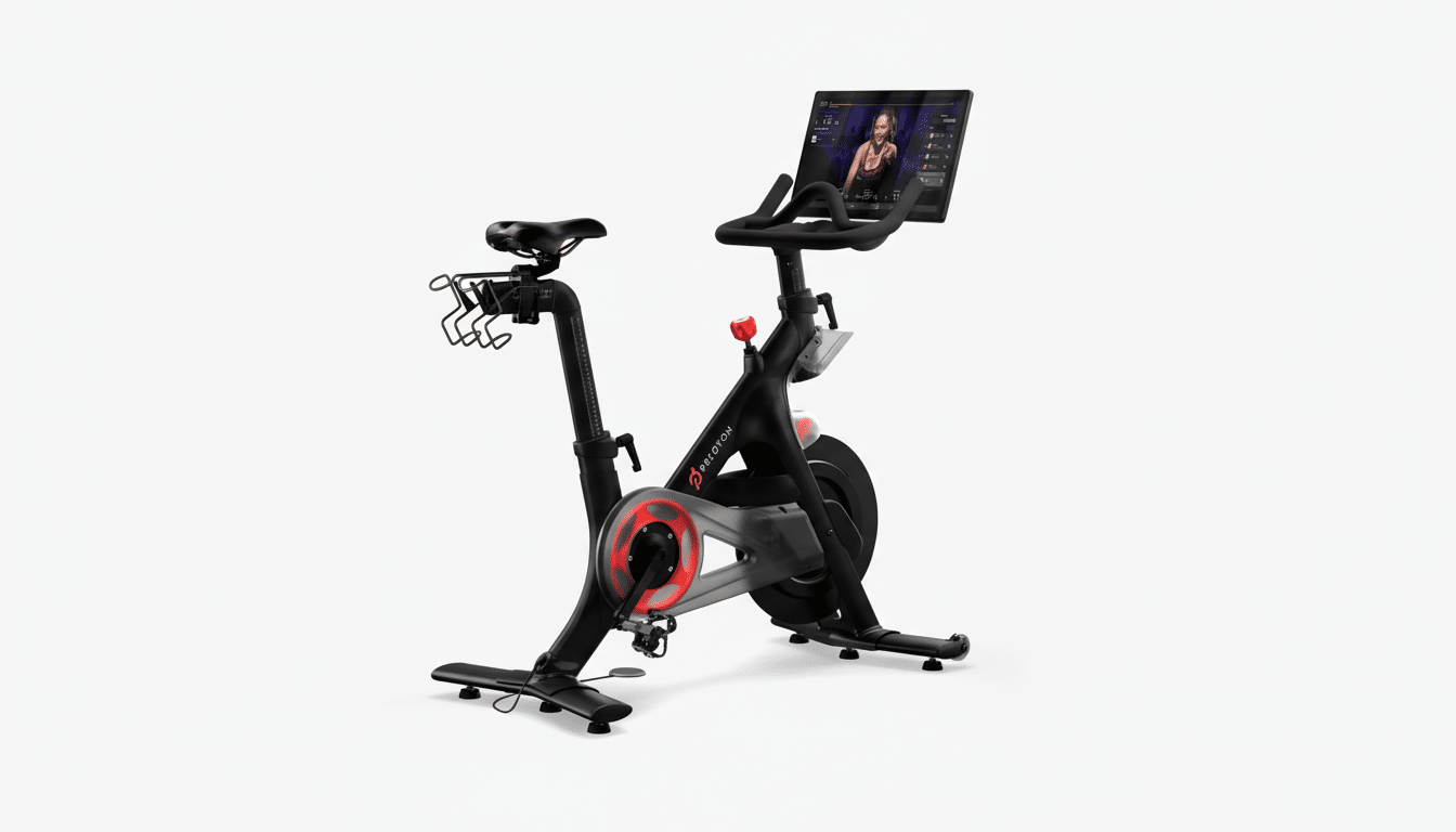 A black Peloton exercise bike with a large screen displaying a fitness instructor, set against a clean white background.