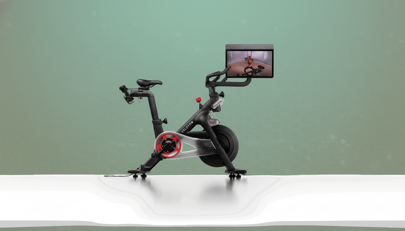 A Peloton exercise bike with a screen displaying a workout, set against a professional flat design background with soft patterns and gradients.