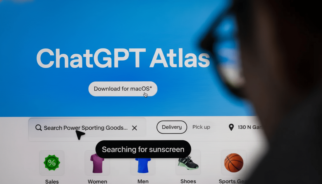 A person looking at a screen displaying ChatGPT Atlas and a search bar with Searching for sunscreen