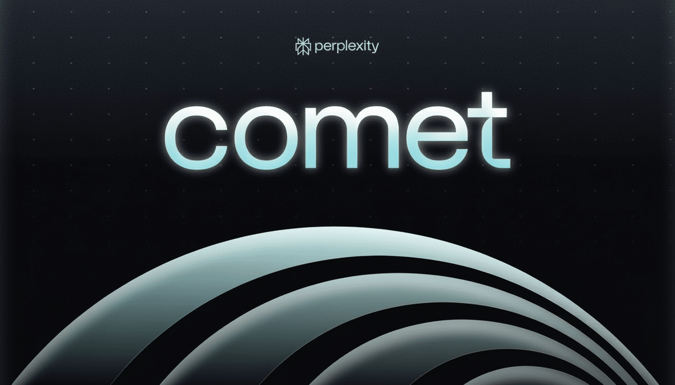 The Perplexity AI logo and the word comet in a modern, glowing font, set against a dark background with subtle patterns and a curved, light blue and grey abstract design at the bottom.
