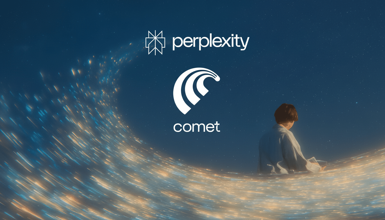 A person sitting on a glowing, swirling path under a starry sky, with the perplexity and comet logos above.