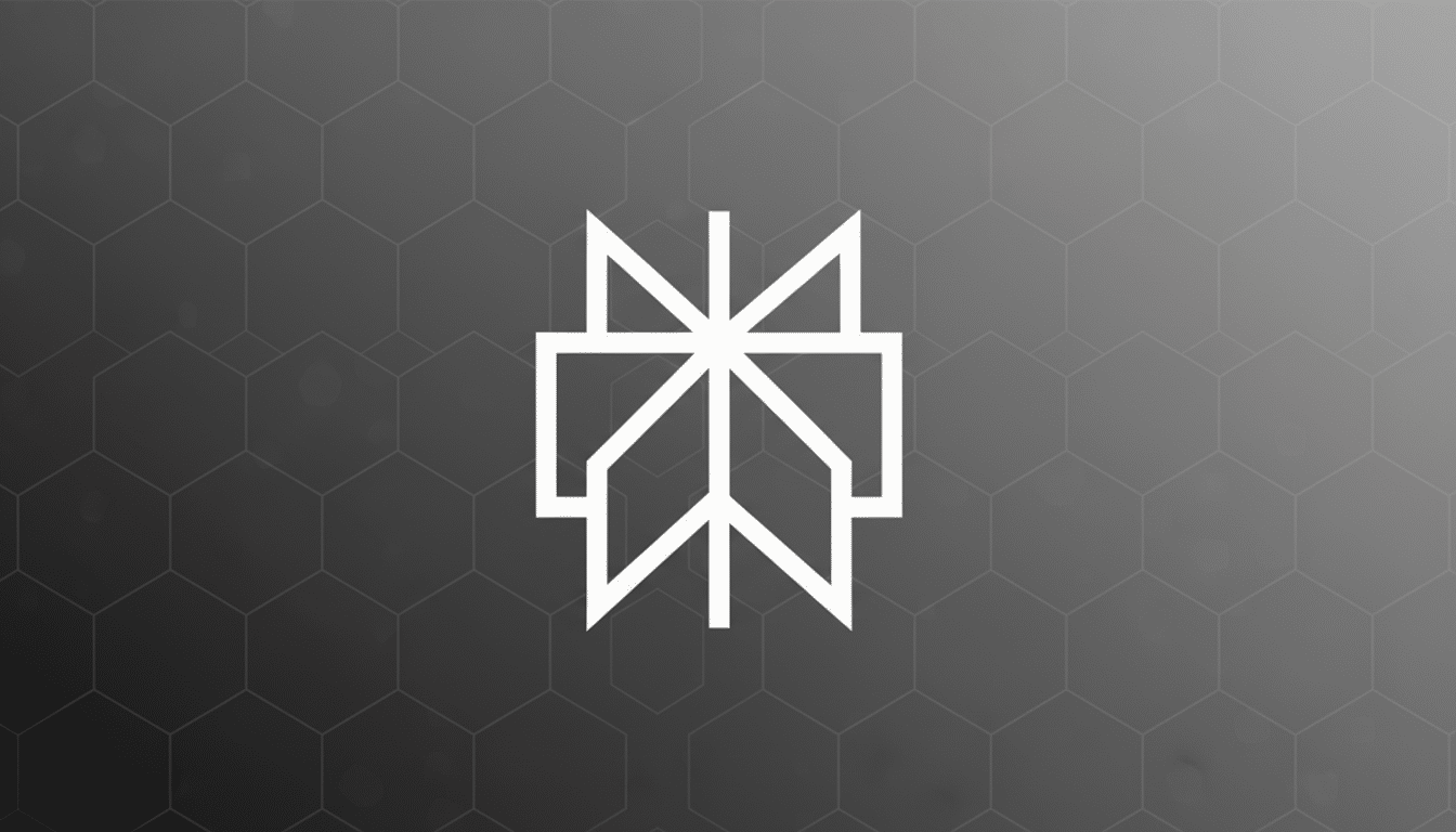 A white abstract geometric logo on a professional gray background with a subtle hexagonal pattern.