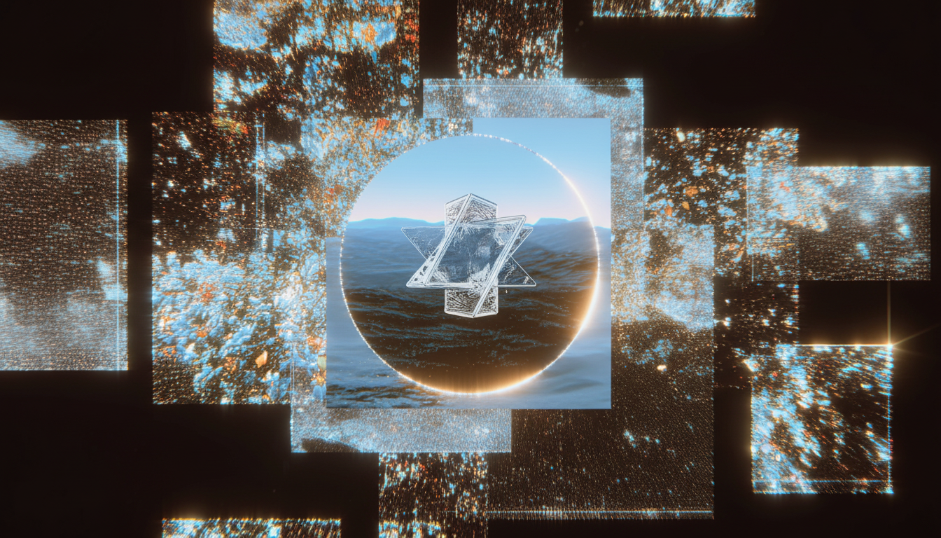 An abstract image with a central circular design featuring a geometric symbol over a calm sea and mountains, surrounded by glowing, pixelated rectangular patterns on a dark background.