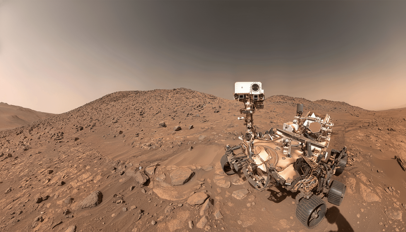 A panoramic view of the Mars Curiosity rover on the Martian surface, with rocky terrain and a dusty, reddish-brown sky.
