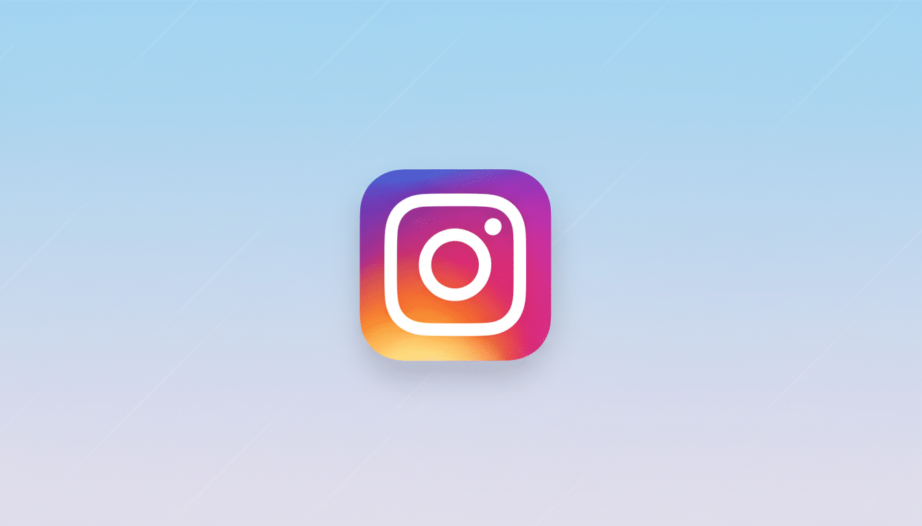 The Instagram logo, a colorful gradient square with a white camera icon, centered on a light blue background with subtle diagonal lines.
