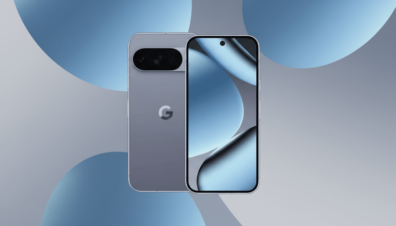 A Google Pixel smartphone, shown from the front and back, against a professional flat design background with soft blue and gray patterns.