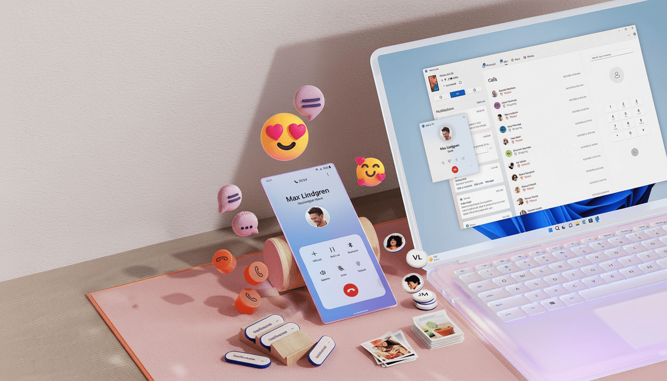 A smartphone displaying an incoming call from Max Lindgren is positioned on a pink mat next to a laptop showing a Calls interface. Various small, colorful 3D icons, including emojis and communication symbols, are scattered around the devices.