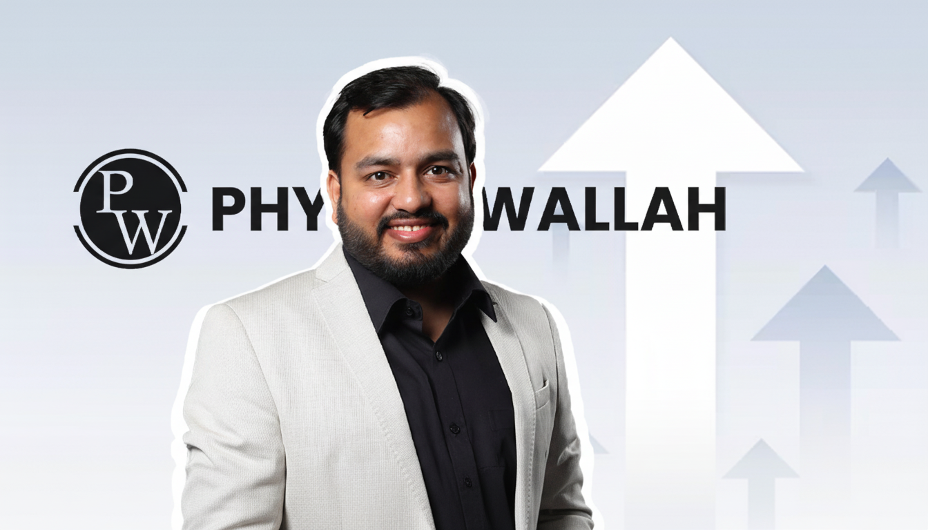 Physics Wallah logo with rising chart, debut soars despite edtech slump