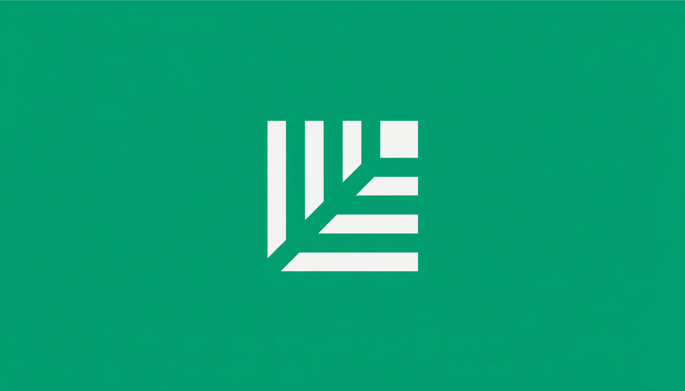 A white abstract leaf-like logo on a solid green background, resized to a 16:9 aspect ratio.