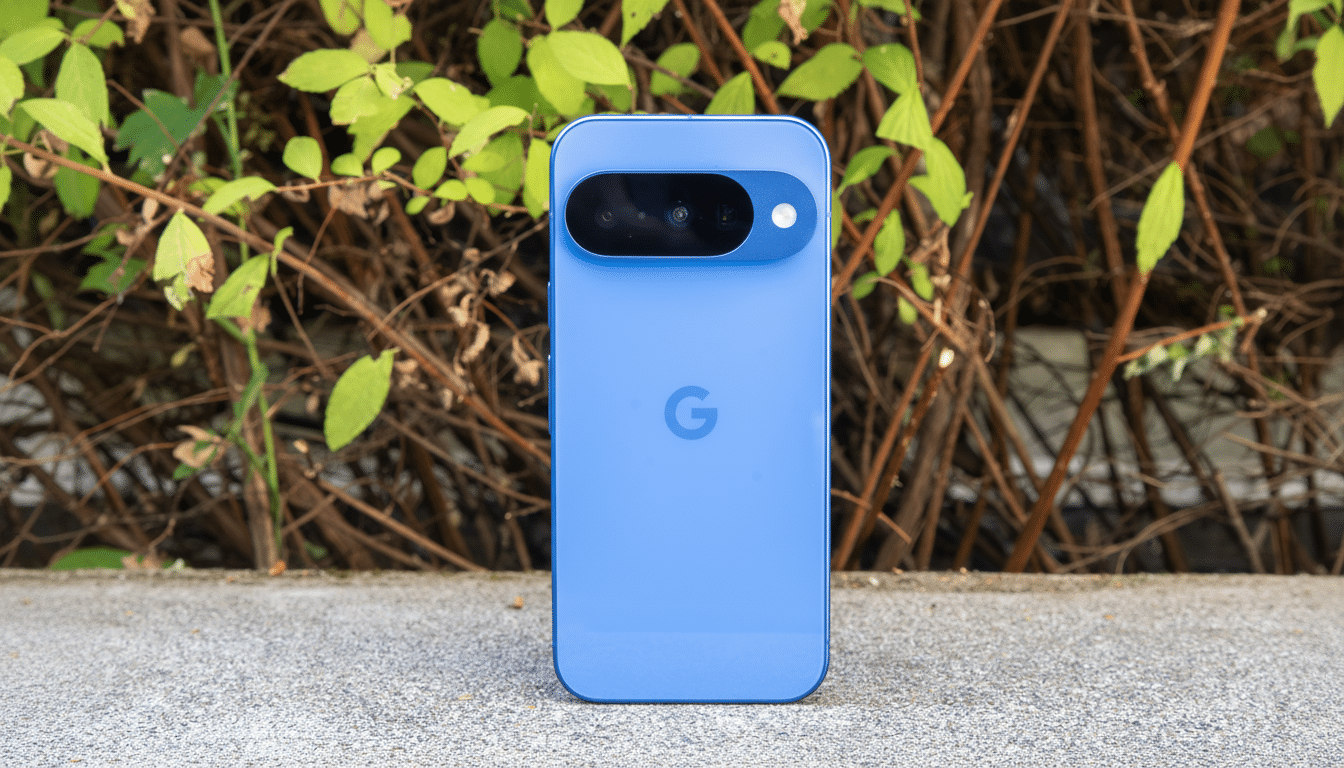 A blue Google Pixel phone stands upright on a concrete surface with a background of green leaves and brown branches.