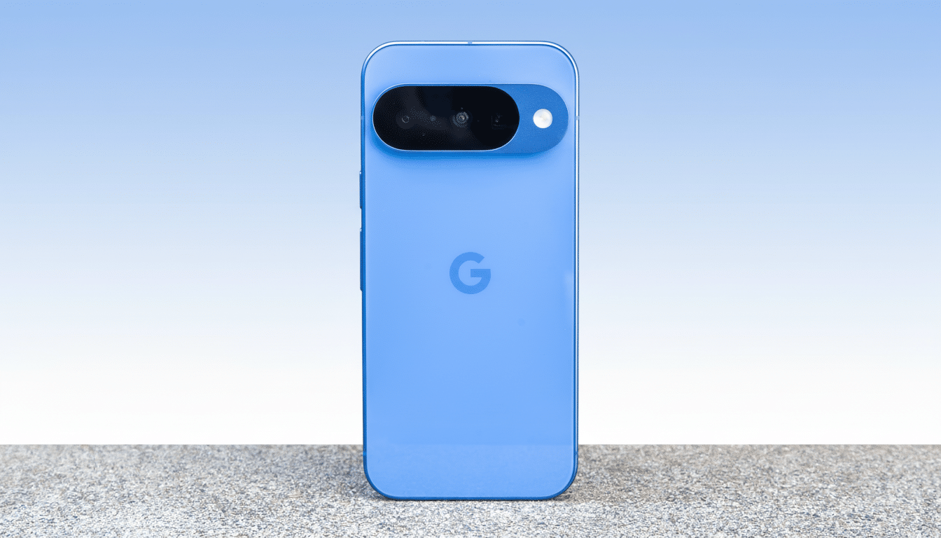 A blue Google Pixel 7a smartphone standing upright on a concrete surface, with a professional flat design background featuring a soft blue gradient.