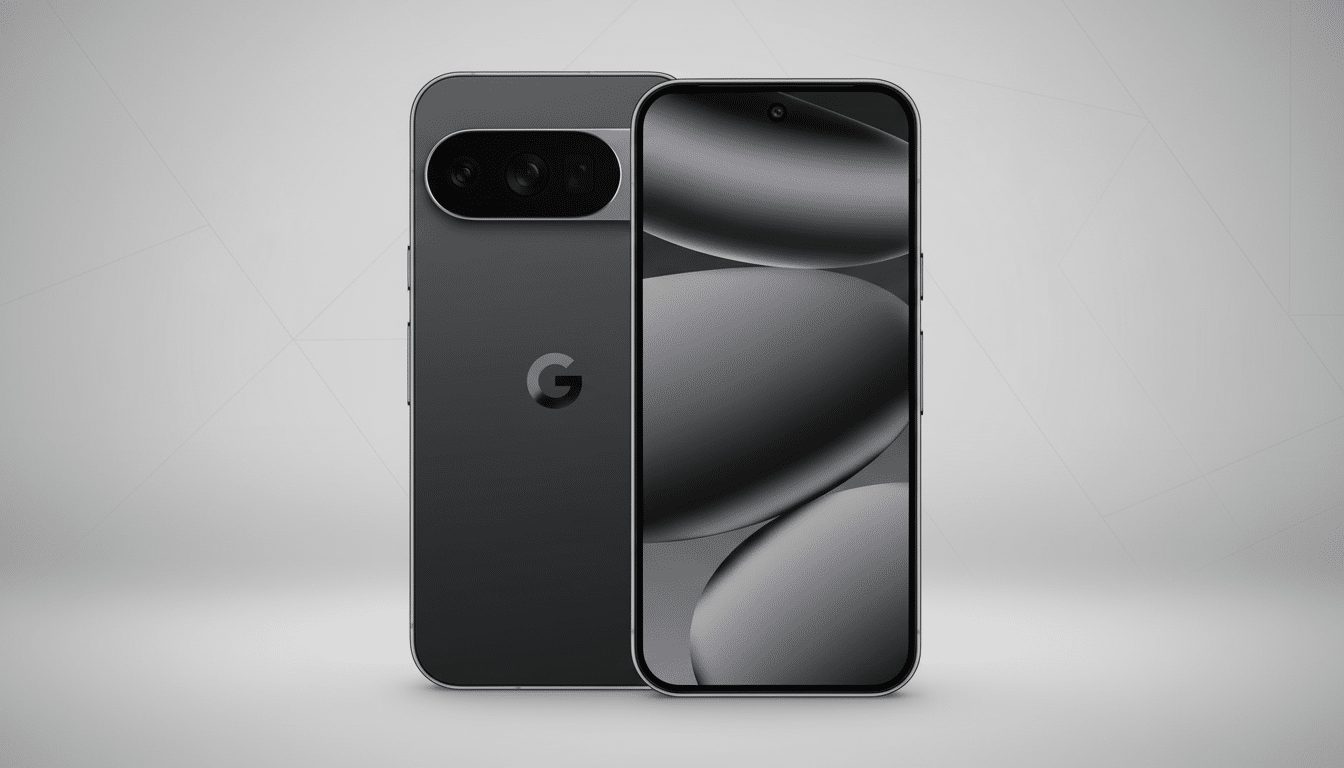 A dark gray smartphone with a prominent camera bar on the back, displaying a Google G logo, is shown alongside another dark gray smartphone with a blank screen, both presented against a professional light gray background with subtle geometric patterns.