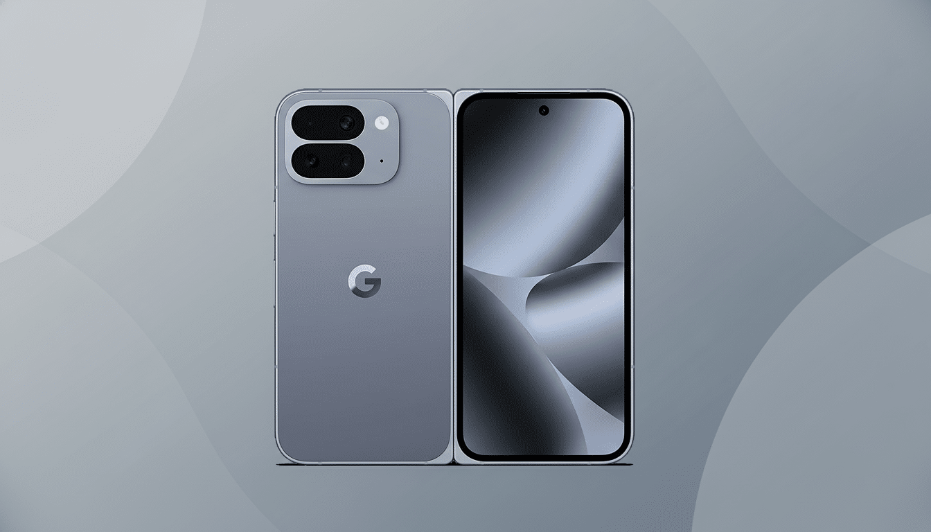 A gray foldable smartphone with a Google logo on the back, displayed against a professional gray background with subtle patterns.