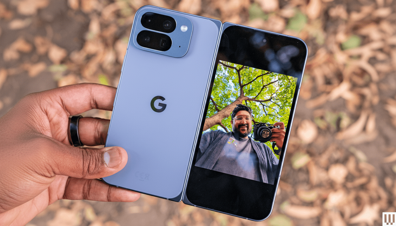 A hand holding a light blue Google Pixel Fold phone, with the screen displaying a selfie of a man holding a camera. The background is blurred autumn leaves.