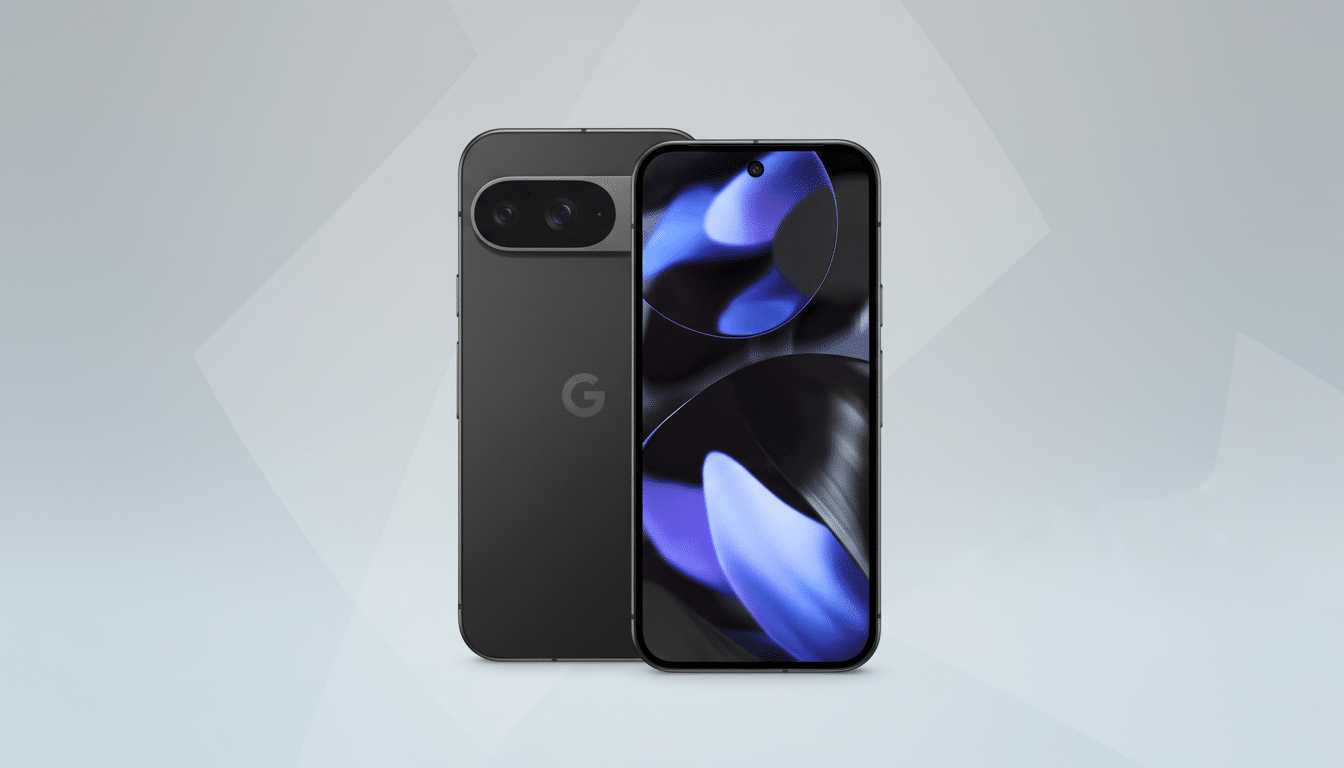 A dark gray smartphone with a Google logo on the back and a screen displaying abstract blue and black shapes, presented on a light gray background with subtle geometric patterns.