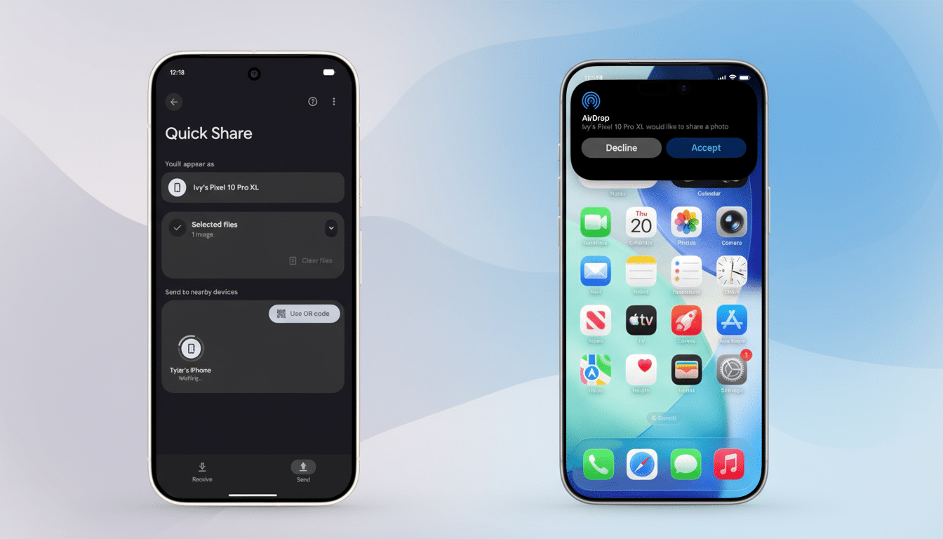 A side-by-side comparison of Quick Share on an Android phone and AirDrop on an iPhone, both showing file sharing interfaces. The Android phone displays a dark mode Quick Share screen with options to send to nearby devices, while the iPhone shows an AirDrop notification asking to accept or decline a photo from Ivys Pixel 10 Pro XL over its home screen.