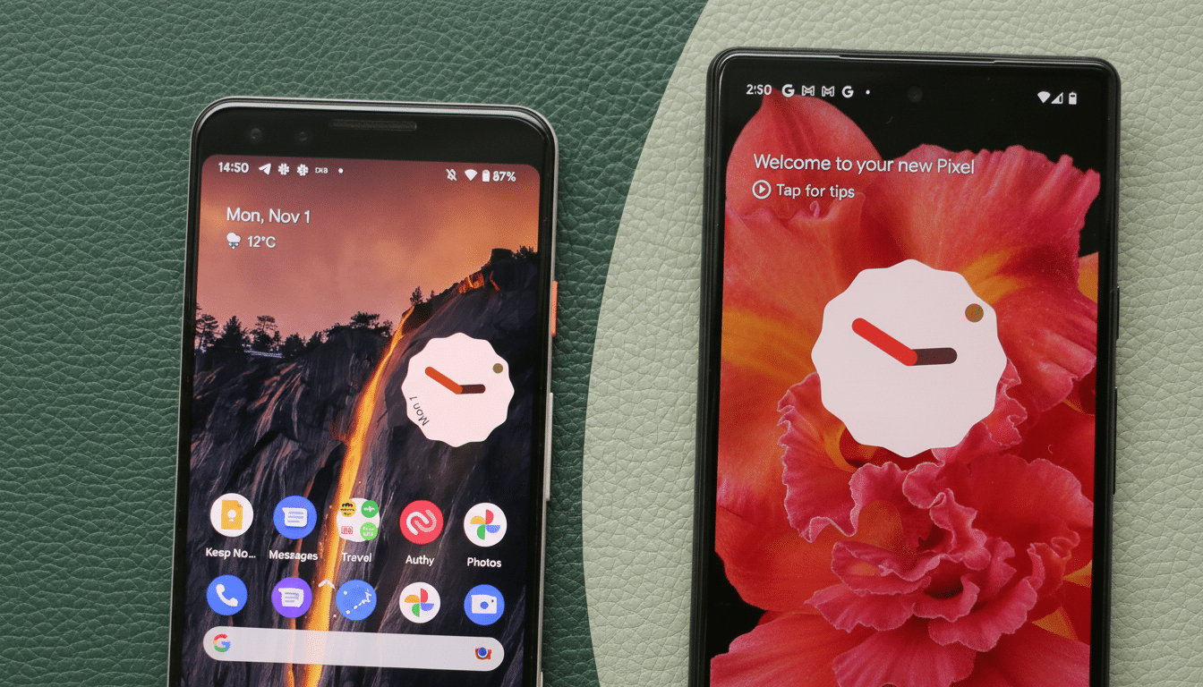 Two Google Pixel phones, one older and one newer, are displayed side-by-side on a green and grey textured surface. The older phone on the left shows a lock screen with a waterfall wallpaper and a clock widget. The newer phone on the right displays a Welcome to your new Pixel message over a vibrant red floral background.