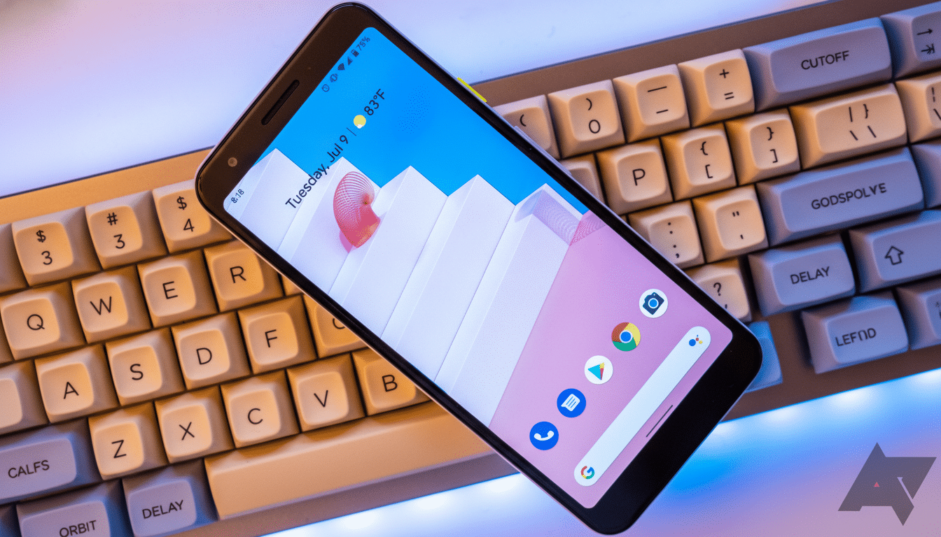 A smartphone displaying a home screen with app icons and a date/temperature widget, resting diagonally on a mechanical keyboard with cream-colored keys.