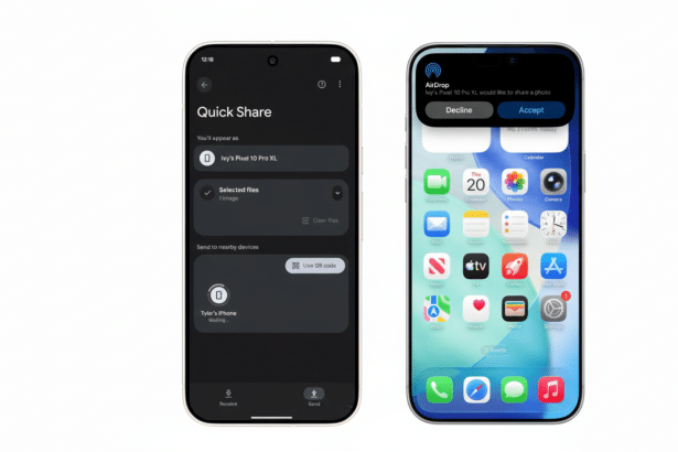 A side-by-side comparison of a Google Pixel phone displaying the Quick Share interface and an iPhone displaying an AirDrop notification.