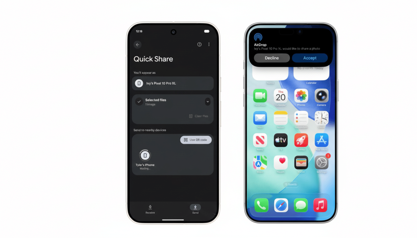 A side-by-side comparison of a Google Pixel phone displaying the Quick Share interface and an iPhone displaying an AirDrop notification.