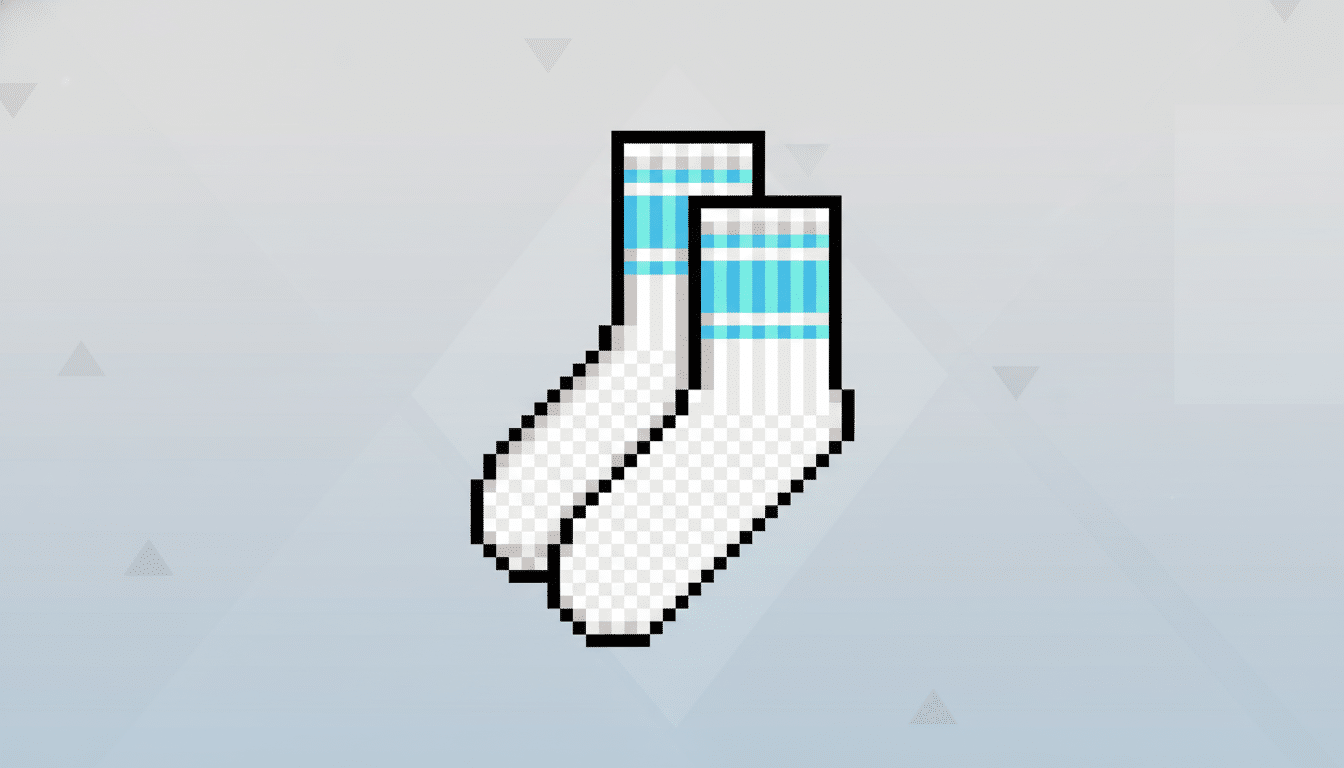 A pair of pixelated white socks with blue and grey stripes on a professional light grey background with subtle geometric patterns.
