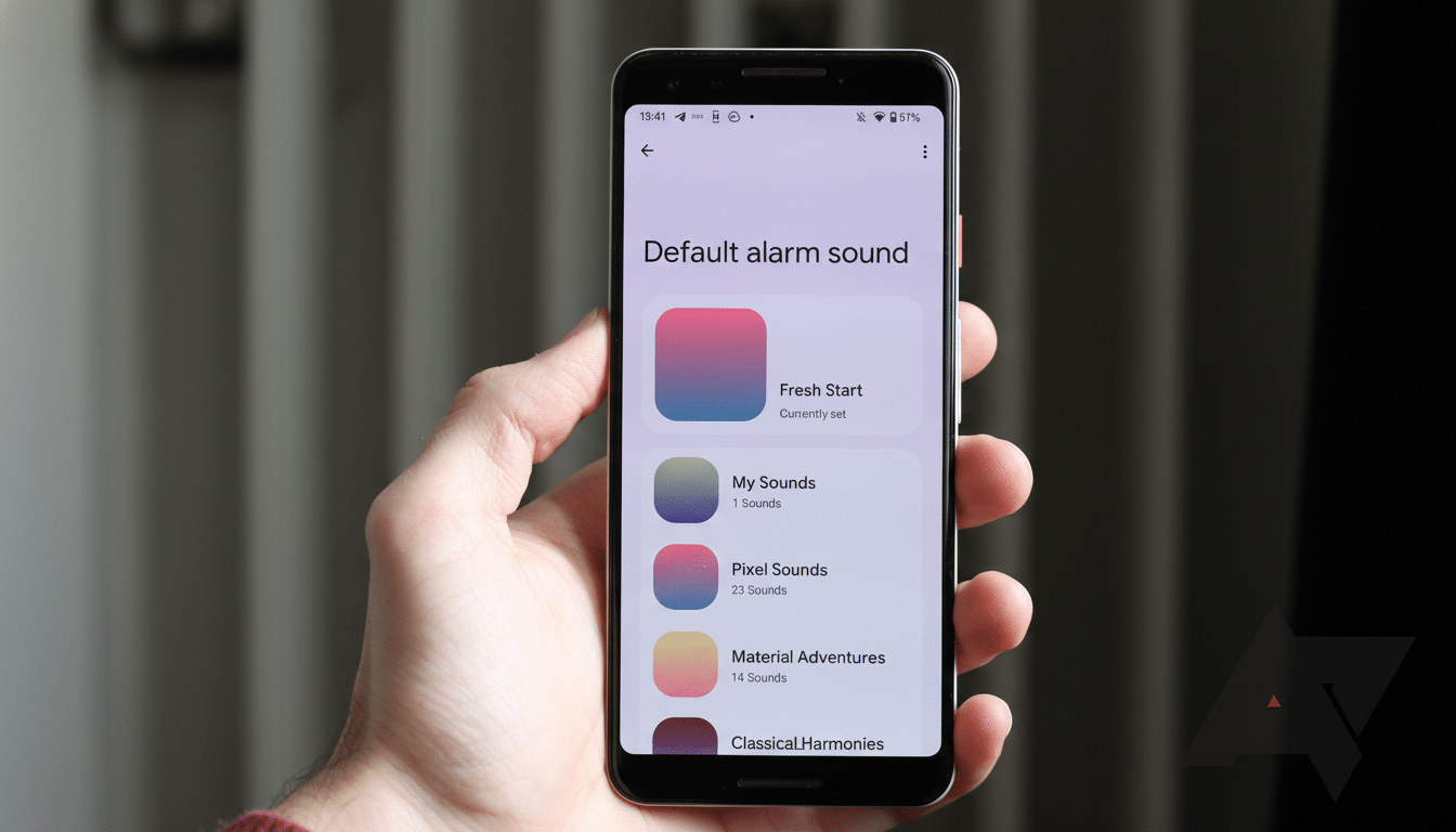 A hand holding a smartphone displaying the Default alarm sound settings, with Pixel Sounds highlighted.