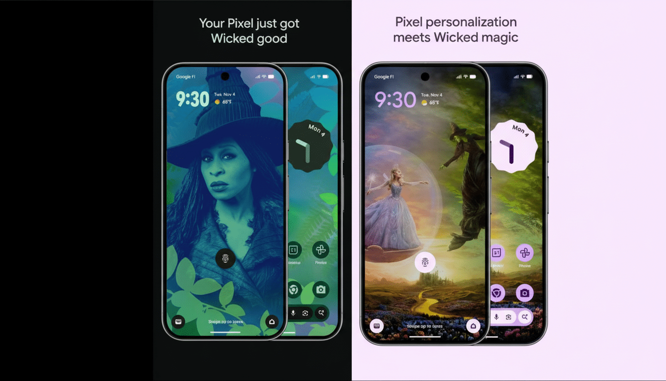 A 16:9 aspect ratio image showing two Google Pixel phones with Wicked themed personalization. The left phone displays a woman in a witch hat, and the right phone shows two figures from the musical Wicked in a fantastical landscape.