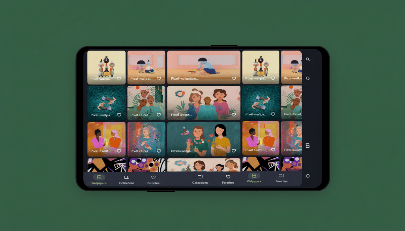 A smartphone displaying the Pixel Walls app, showcasing various digital wallpapers in a grid layout, resized to a 16:9 aspect ratio.