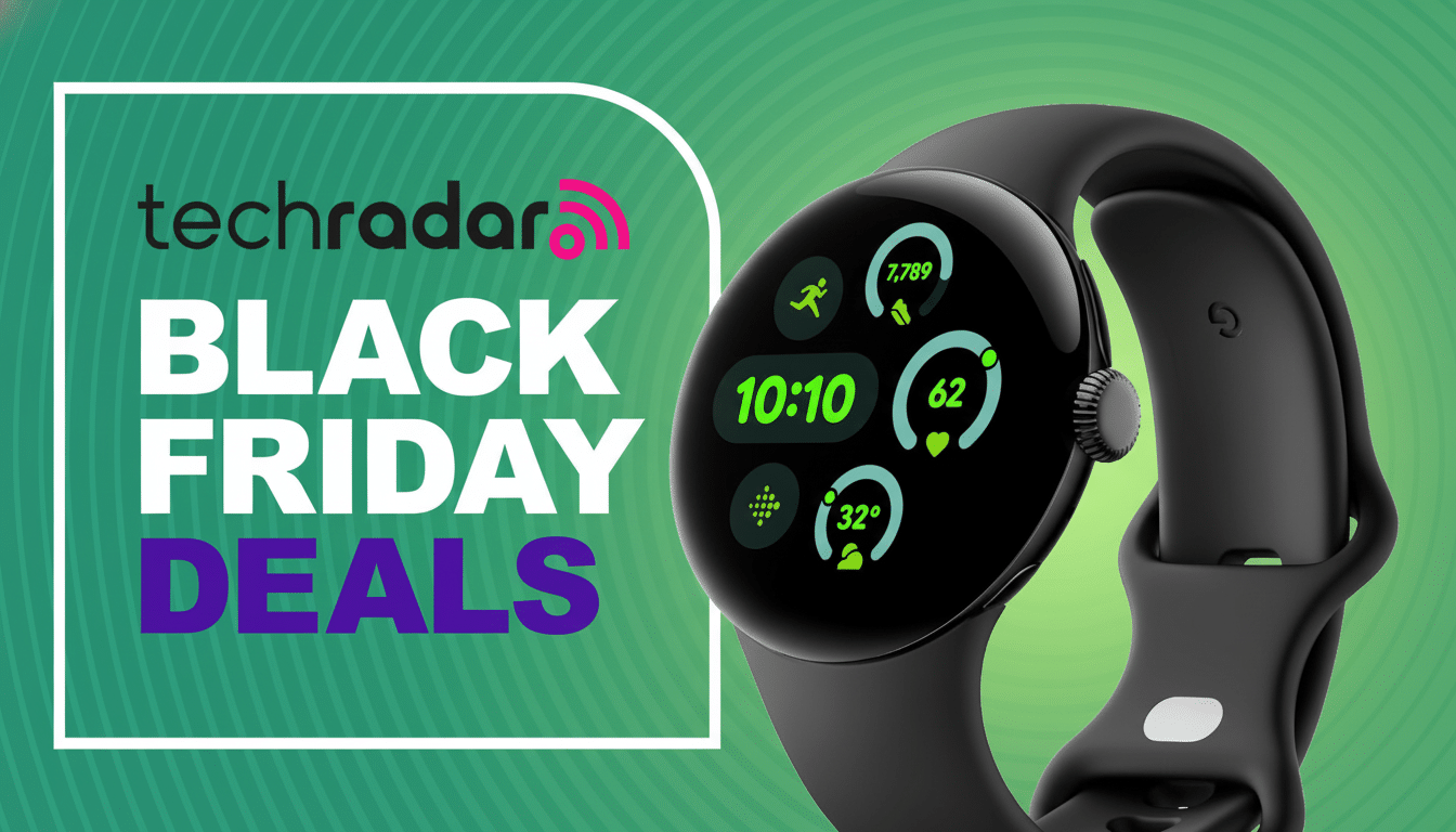 A black smartwatch displaying various fitness metrics and the time, positioned next to a white outlined box with the text techradar BLACK FRIDAY DEALS on a green background.