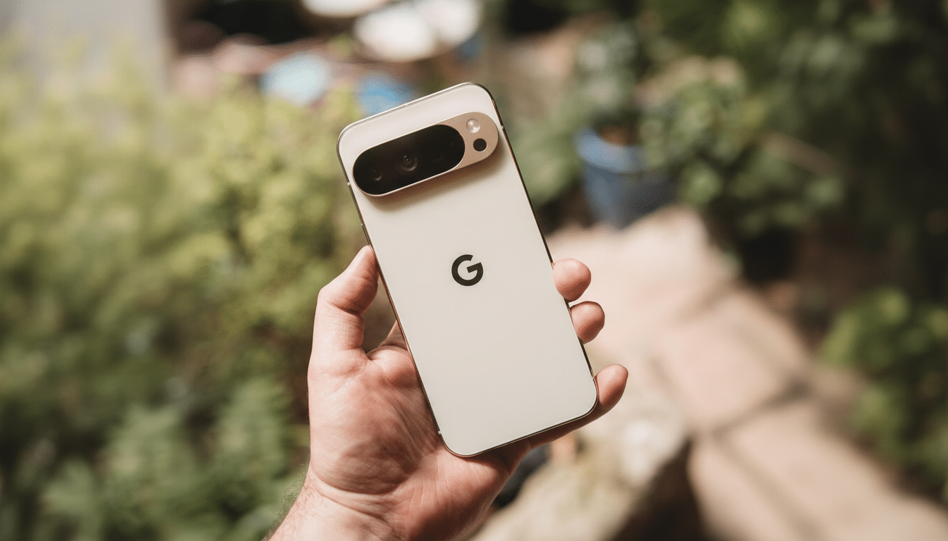 A hand holding a Google Pixel smartphone with a blurred outdoor background, resized to a 16:9 aspect ratio.
