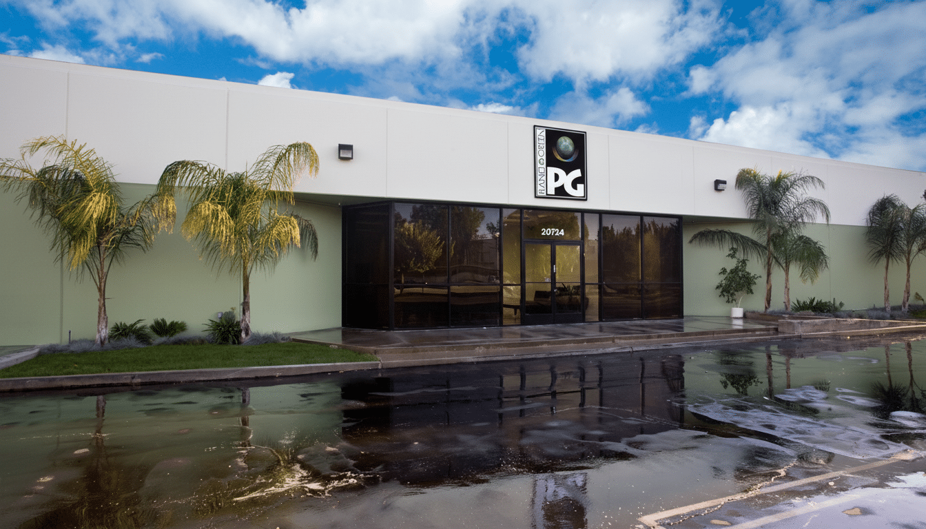 A professional, enhanced image of a building with a PG logo, resized to a 16:9 aspect ratio, maintaining the original background.
