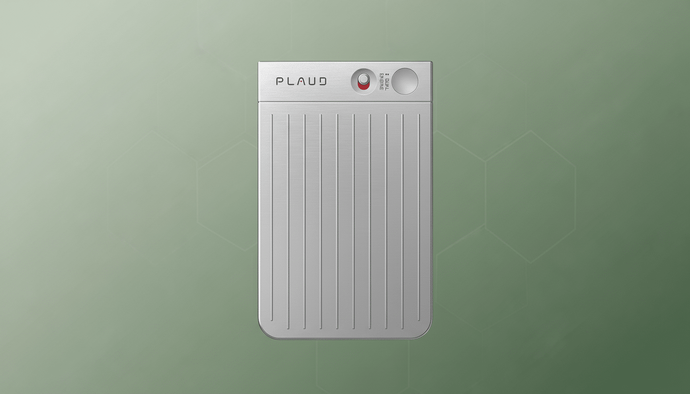 A silver rectangular device with the word PLAUD at the top, a red button, and DUAL ENGINE text, set against a professional green background with subtle hexagonal patterns.