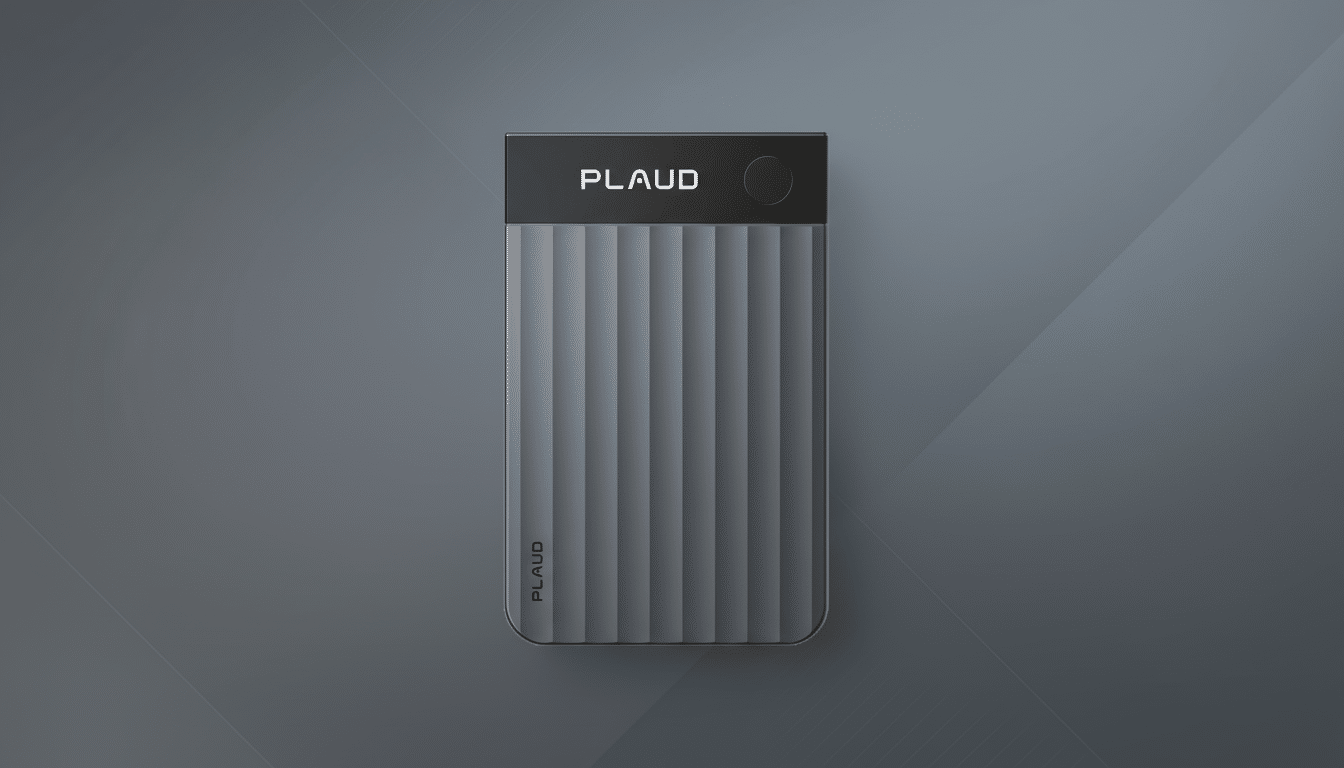 A dark gray external hard drive with the PLAUD logo, presented on a professional flat design background with soft gray gradients.