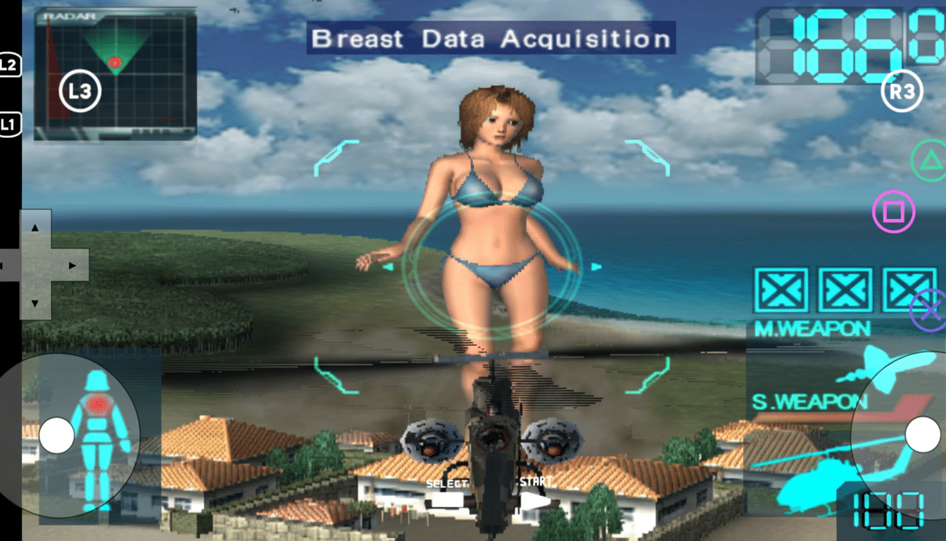 A video game screenshot showing a character in a bikini with on-screen controls and game interface elements.