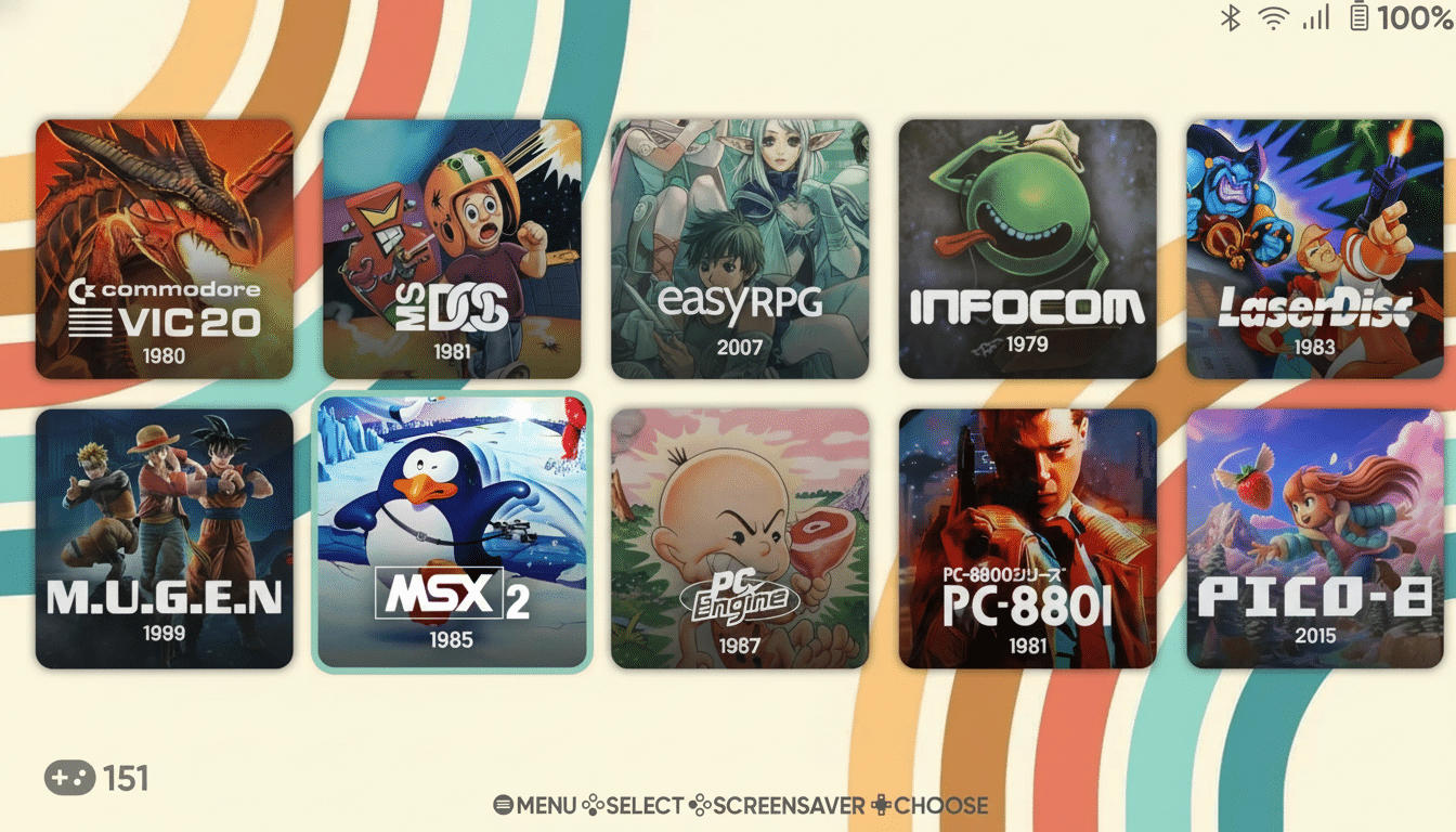 A grid of ten retro video game console and software logos, each in a rounded square tile, displayed on a background with colorful, curved stripes.