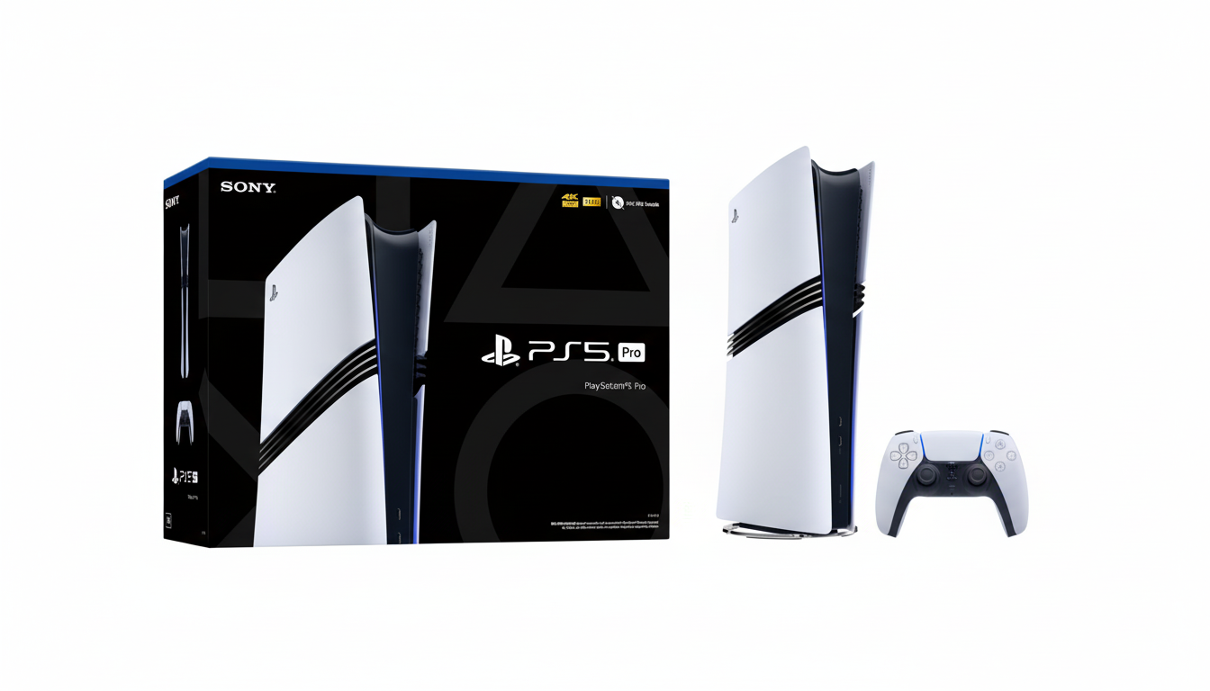 A PlayStation 5 Pro console, its box, and a DualSense controller are displayed against a clean white background.