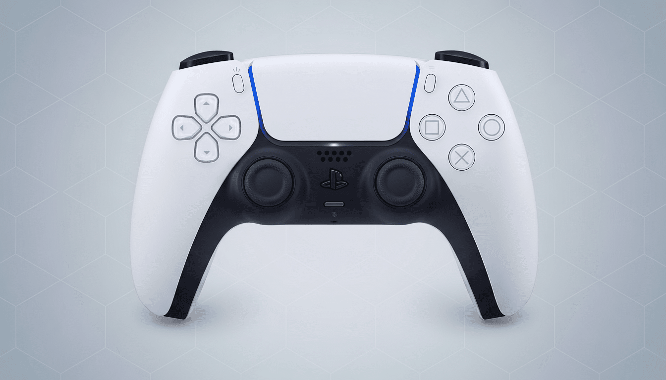 A white and black PlayStation 5 DualSense controller is centered on a light gray background with a subtle geometric pattern.