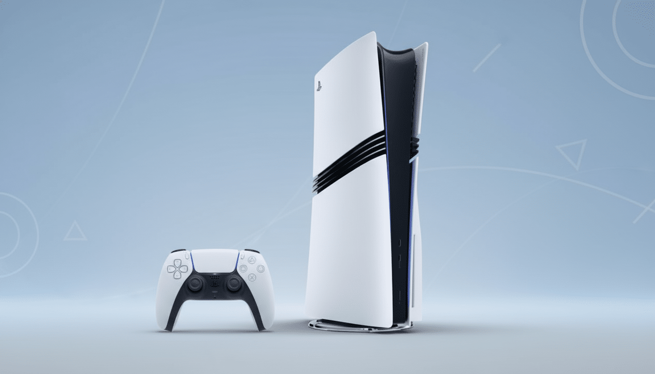 A white PlayStation 5 console stands upright next to a white DualSense controller, both set against a light blue background with subtle geometric patterns.