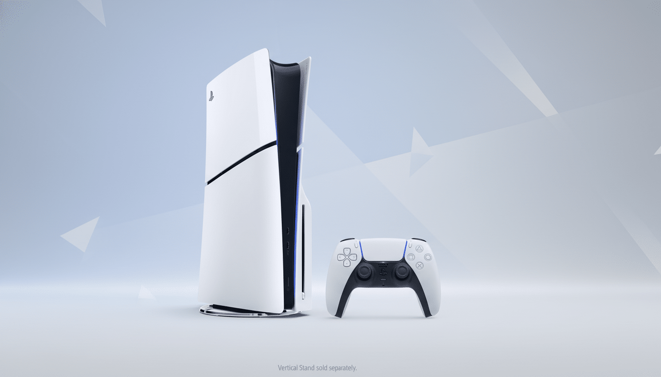 A white PlayStation 5 console stands upright next to a white DualSense controller, both set against a professional light blue and white gradient background with subtle geometric patterns.
