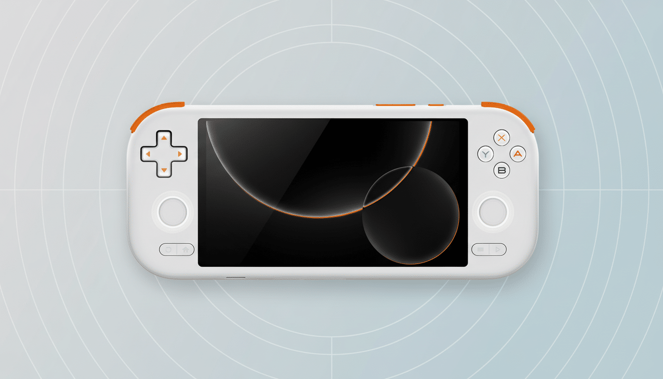 A white and orange handheld gaming console with a black screen displaying abstract orange and black circles, set against a light gray background with subtle concentric circle patterns.