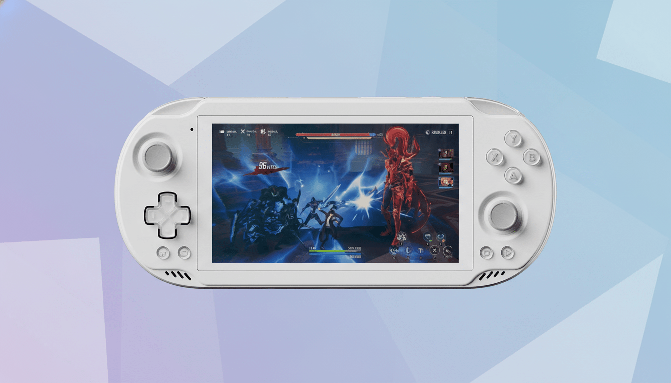 A white handheld gaming console displaying a fantasy action game on its screen, set against a professional flat design background with soft blue and purple gradients.