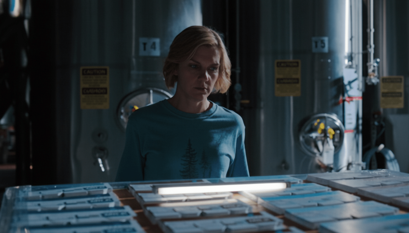 A woman with blonde hair in a teal shirt looking down at a table with many small packages, with large metal tanks in the background.