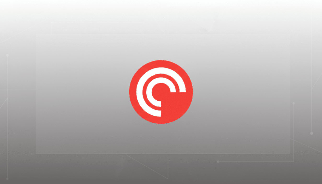 A red circle logo with white concentric arcs inside, presented on a professional flat design background with soft gray gradients and subtle geometric patterns.