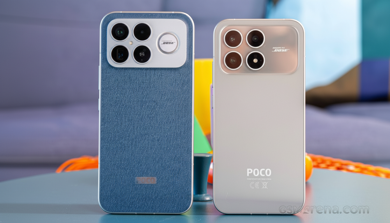 Two smartphones, one blue and one silver, are displayed side-by-side on a surface. The blue phone has a textured back and a camera module with four lenses and SOUND BY BOSE text. The silver phone has a smooth back, a similar camera module, and POCO branding at the bottom.